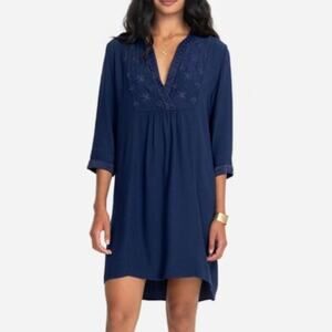 Johnny Was CALME Embroidered Shift Dress Small Navy Blue Coastal Boho